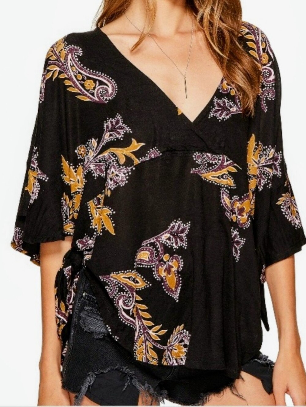 Free People Maui Wowie Black floral Print v-neck Jersey loose top size M